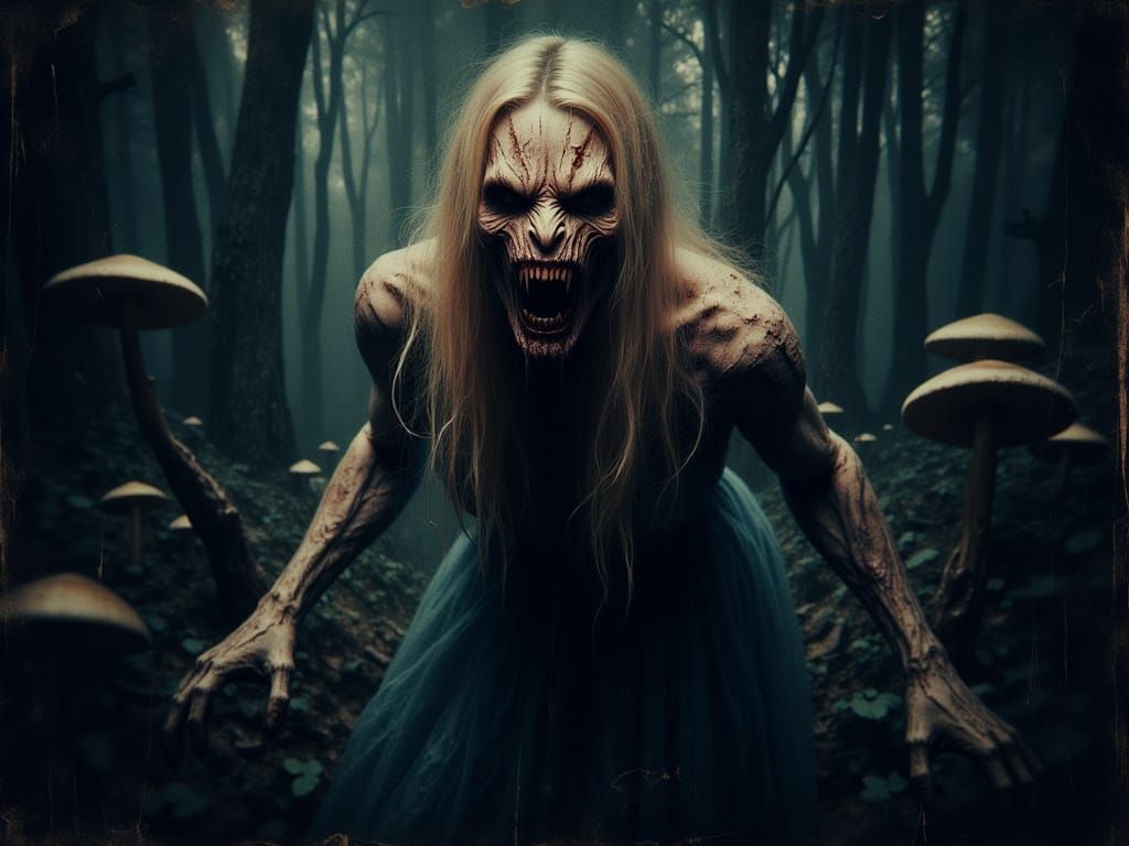 Dark Realistic Horror Painting of Woman and Zombie Leopard i...