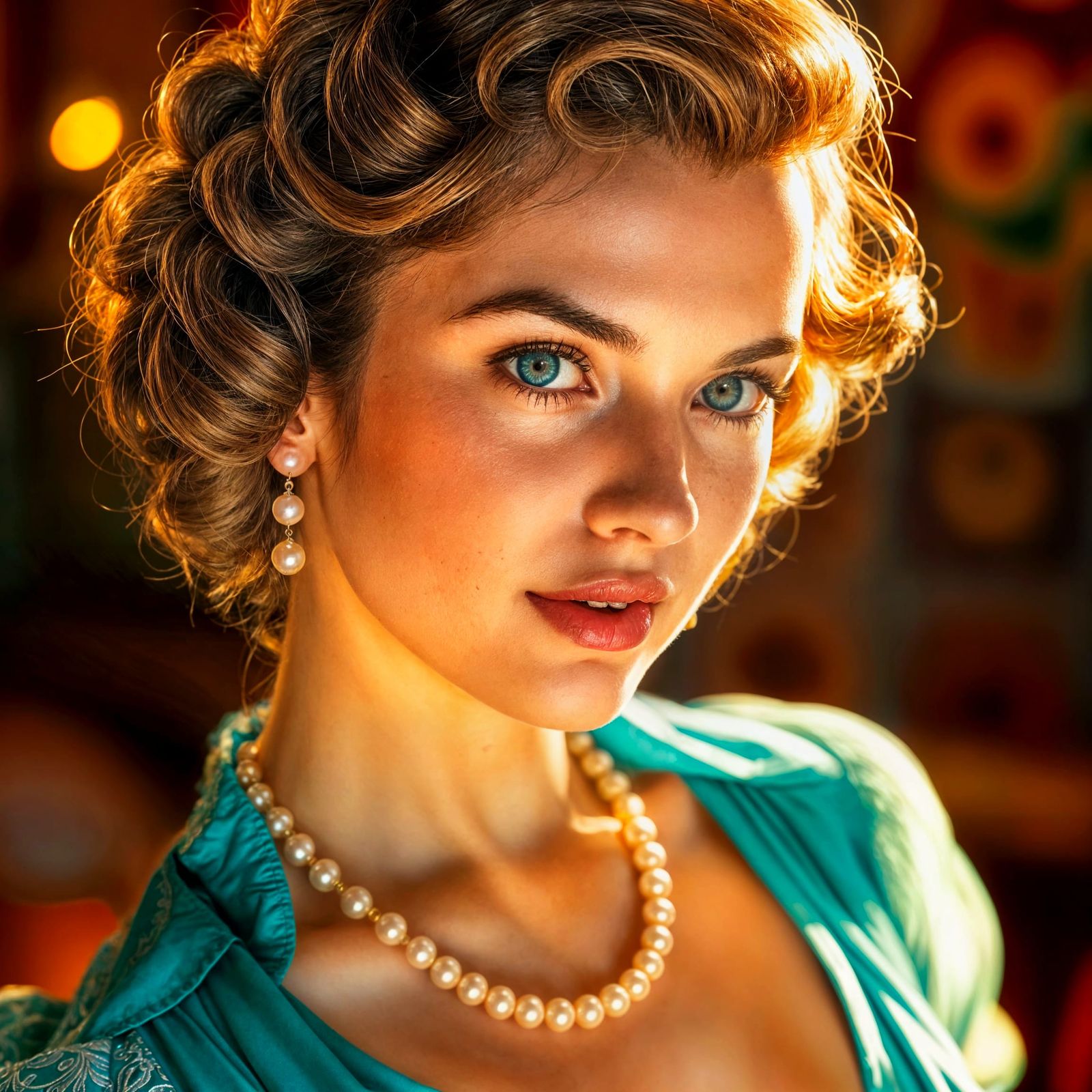 Woman in 1940s Glamour Style with Pin Curls and Pearls