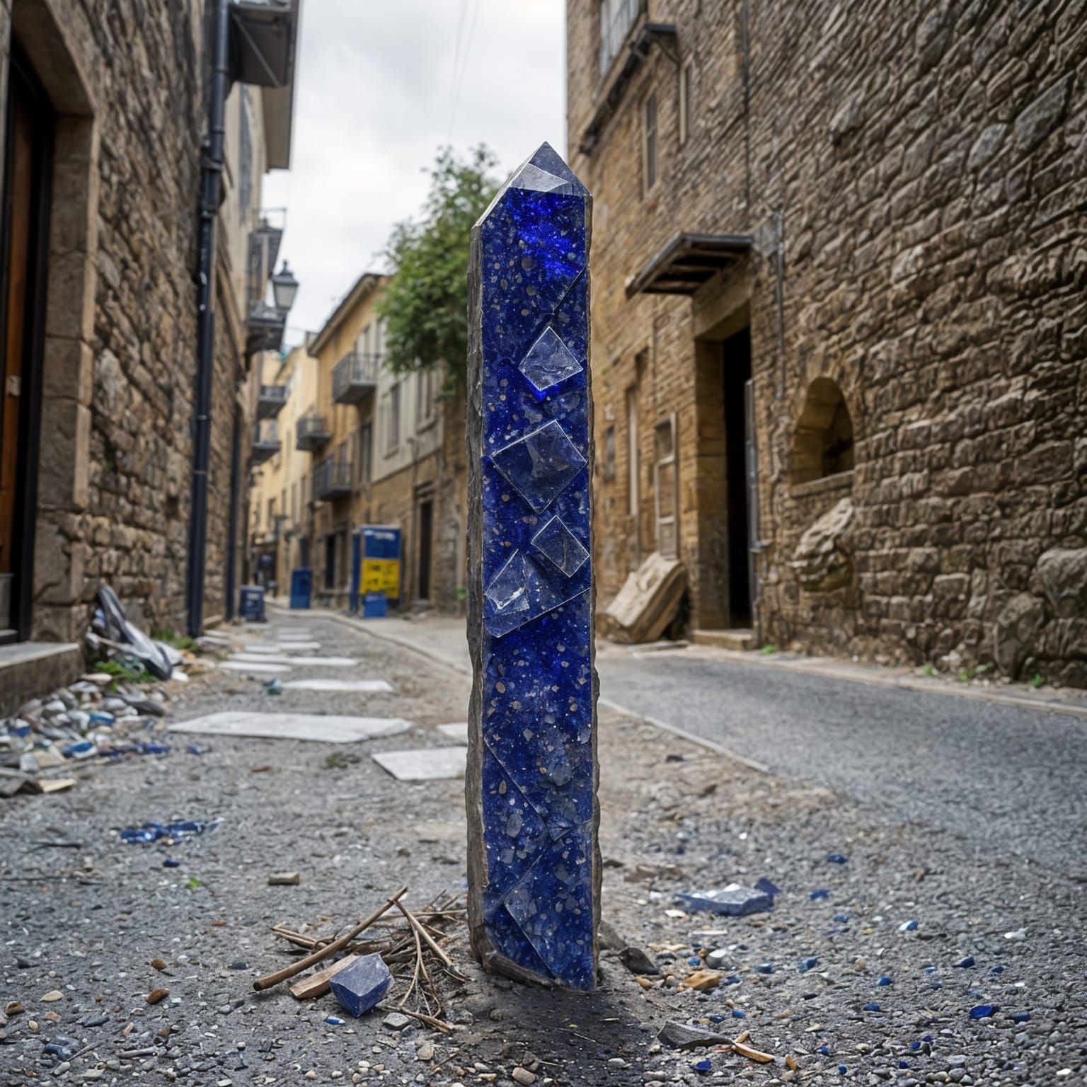 Vibrant Lapis Lazuli Crystal Towers Above Alleyway