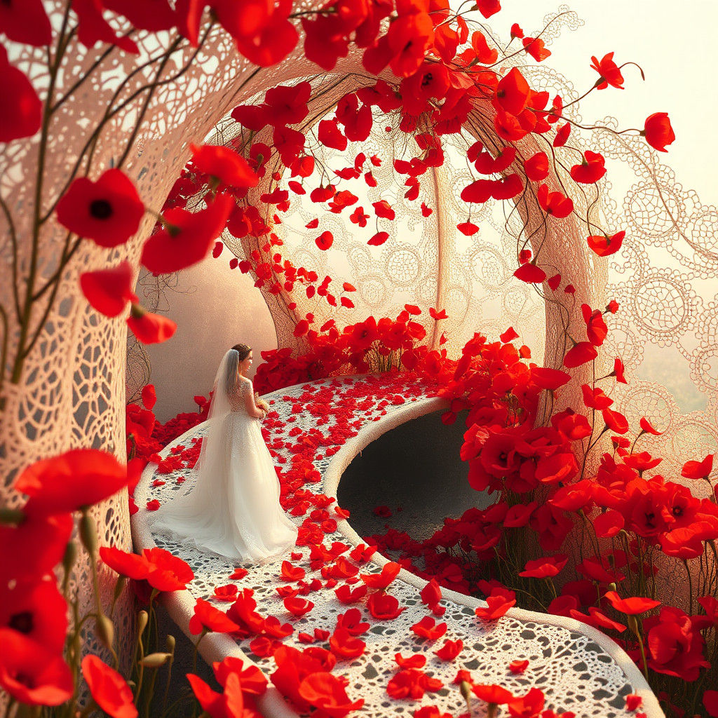 Poppy Bridge Bride in Dreamlike Landscape