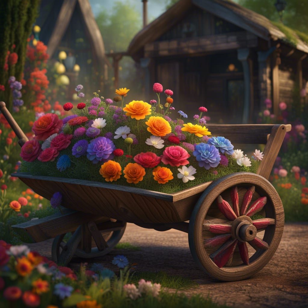 Floral Wheelbarrow Wagon in Detailed Matte Painting