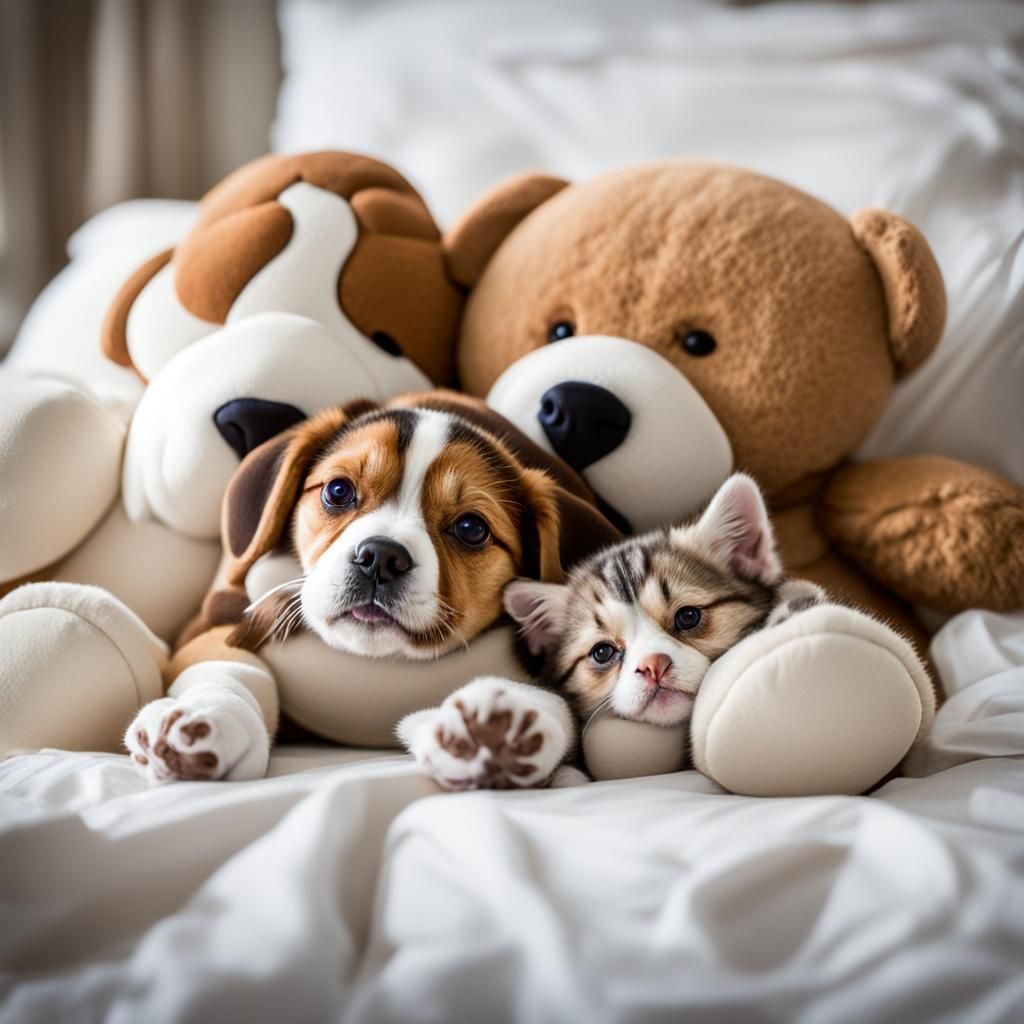 Beagle, Kitten, and Teddy Bears Relaxing in Bed