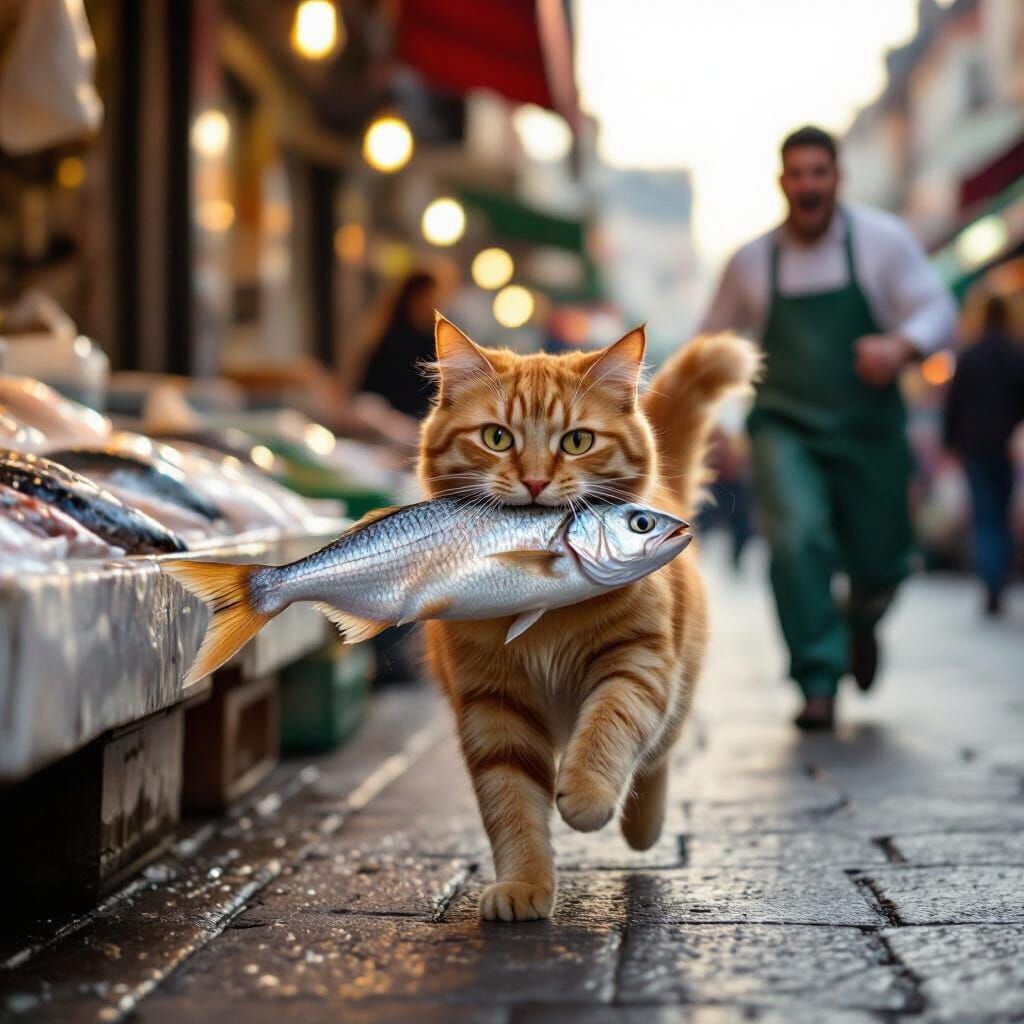 Ginger Cat Steals Fish in Bustling Market