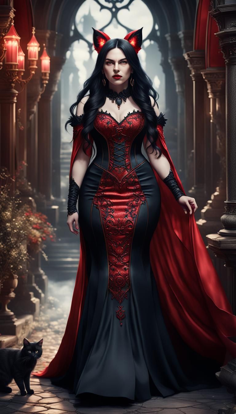 Curvy Woman with Cat Ears in Gothic Gown