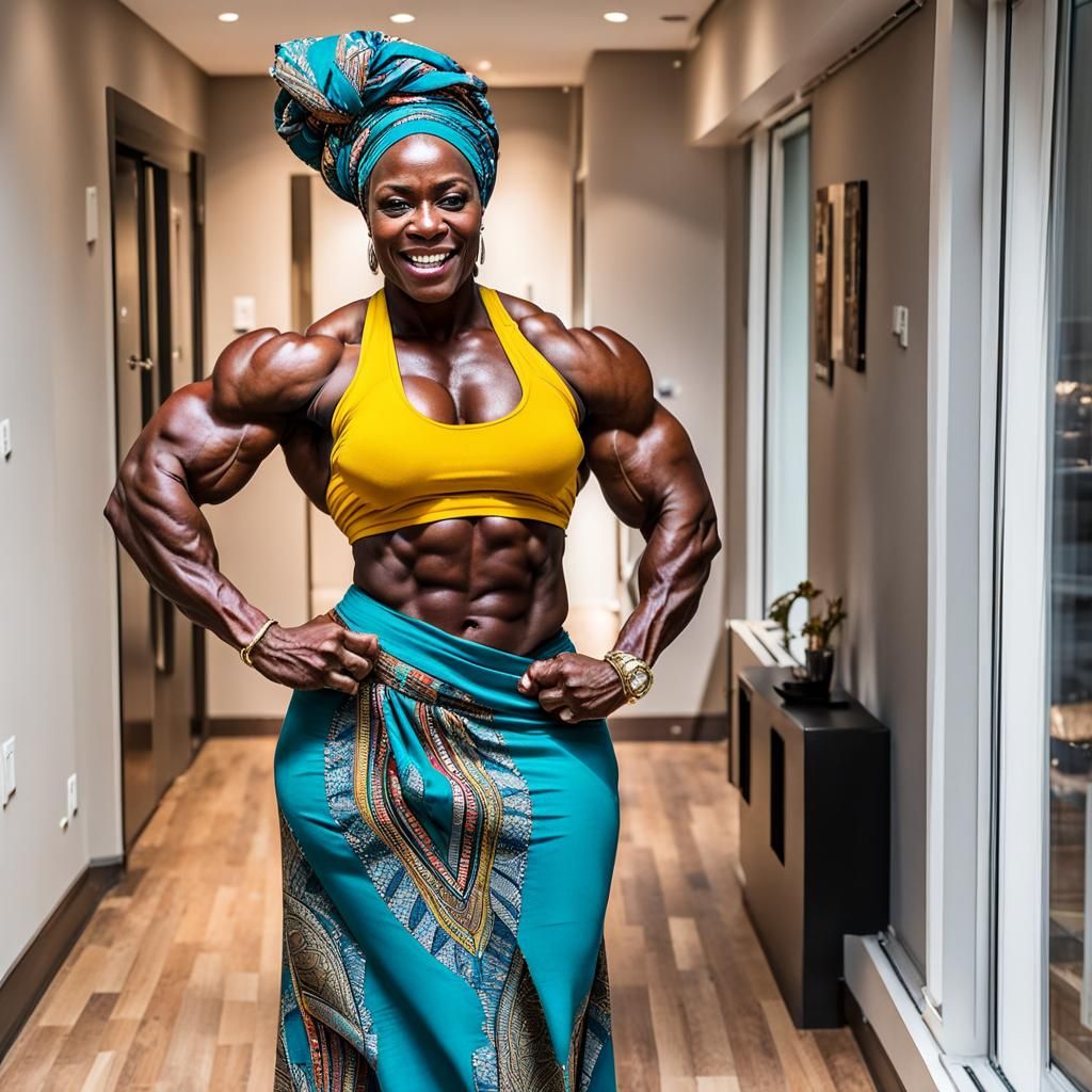 Strong Woman in African Dress Flexing Biceps