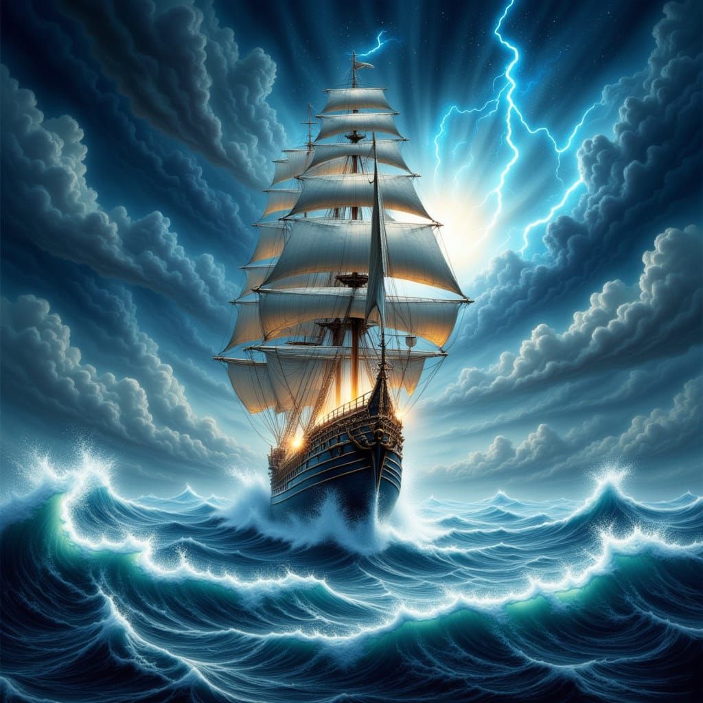 Epic Tall Ship Battles Stormy Seas in Dramatic Art Style