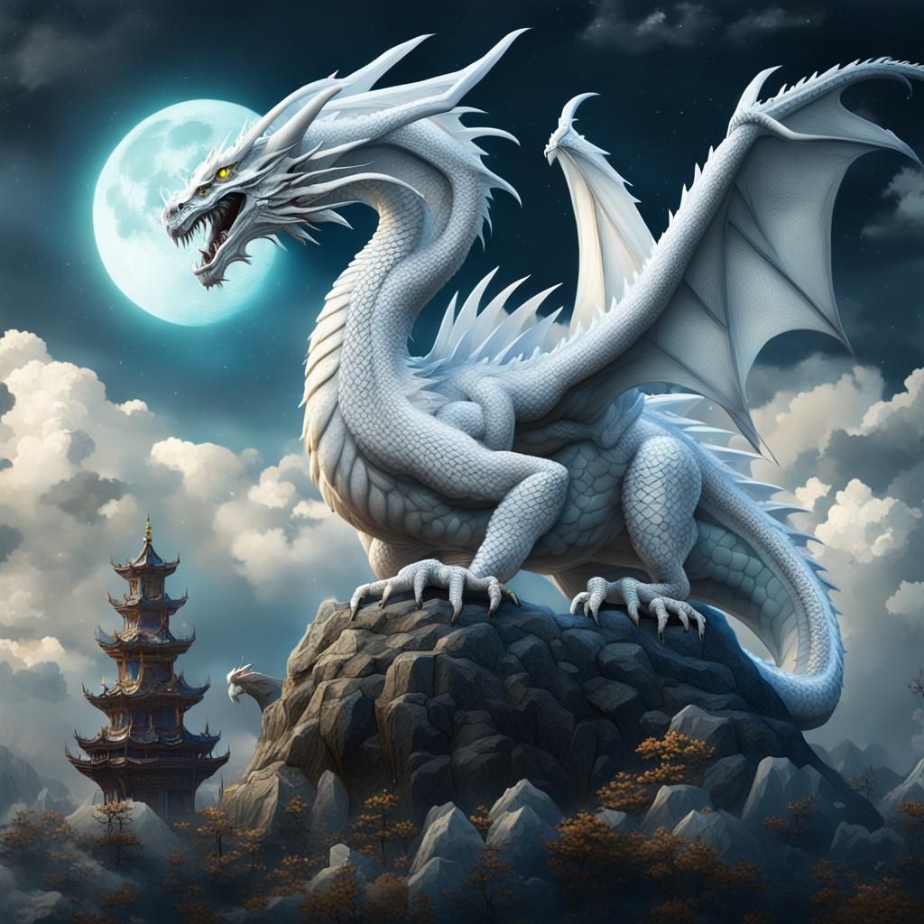 White Dragon Protecting Eggs: Fantasy Concept Art