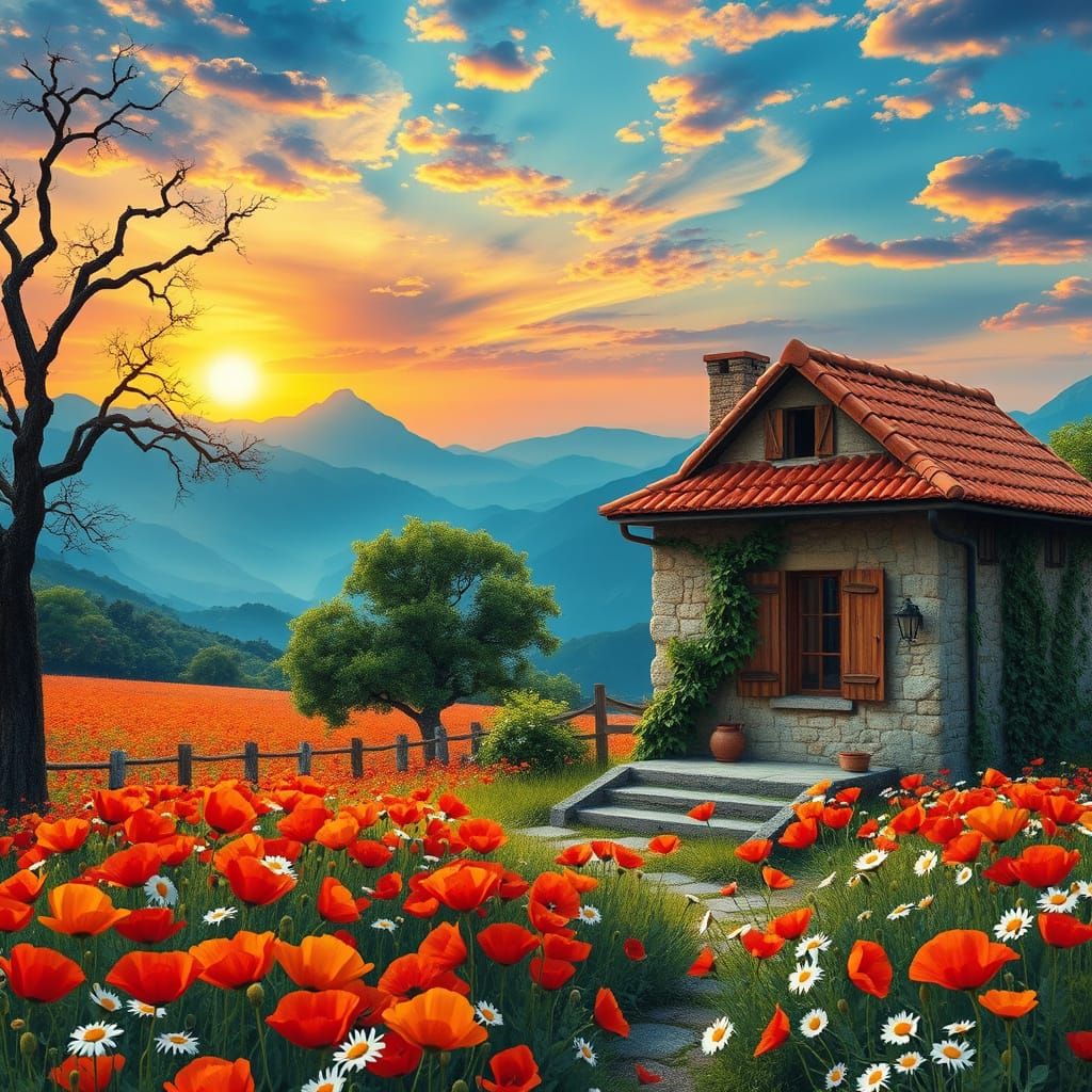 Surreal Stone House in Vibrant Poppy Fields Under Kaleidosco...