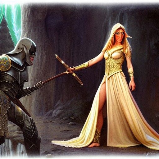 Elven Princess and Dark Knight in Oil Painting Style