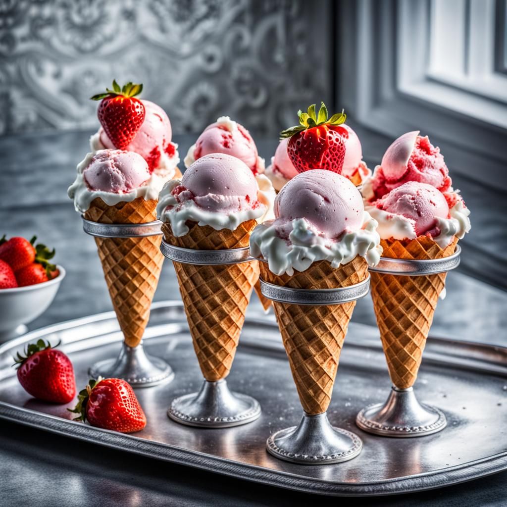 Strawberry Ice Cream Cones, Hyperrealistic Still Life