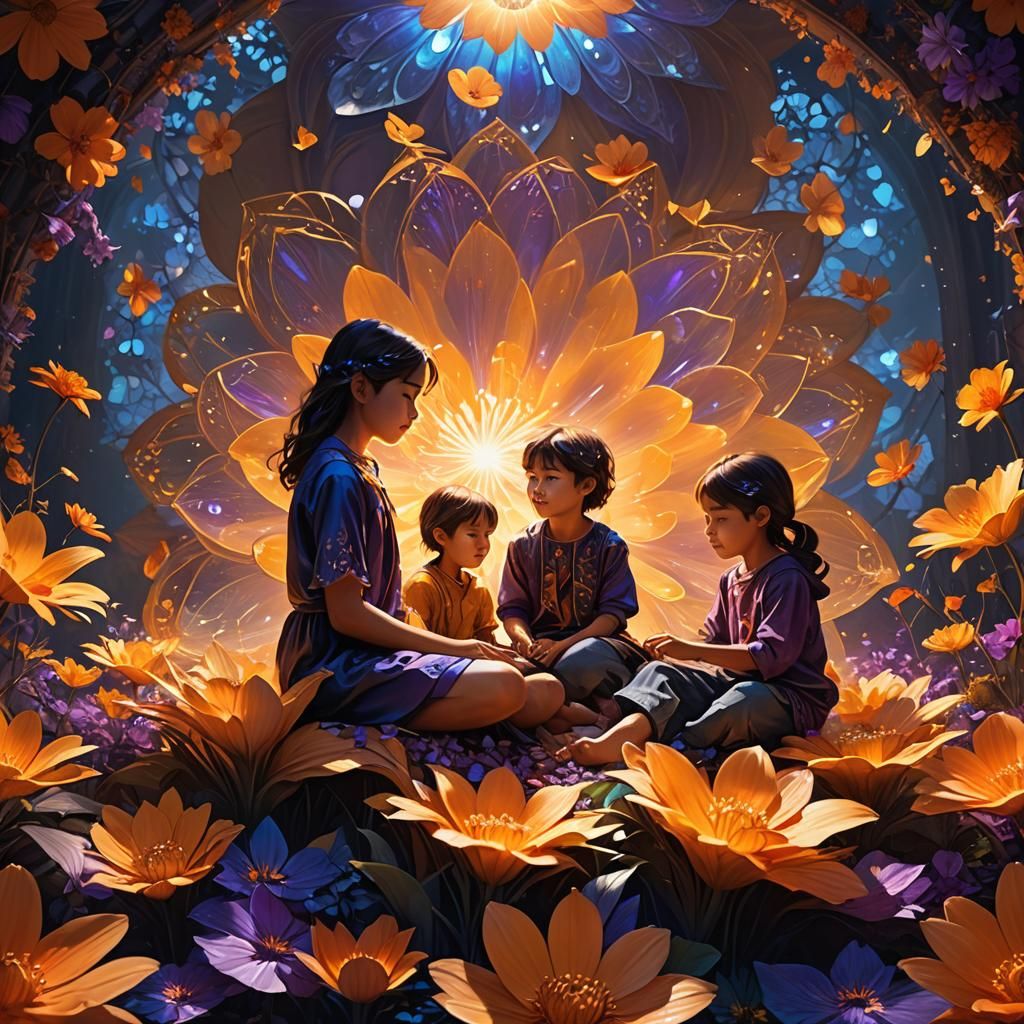 Children in Glowing Flower: Fantasy Concept Art