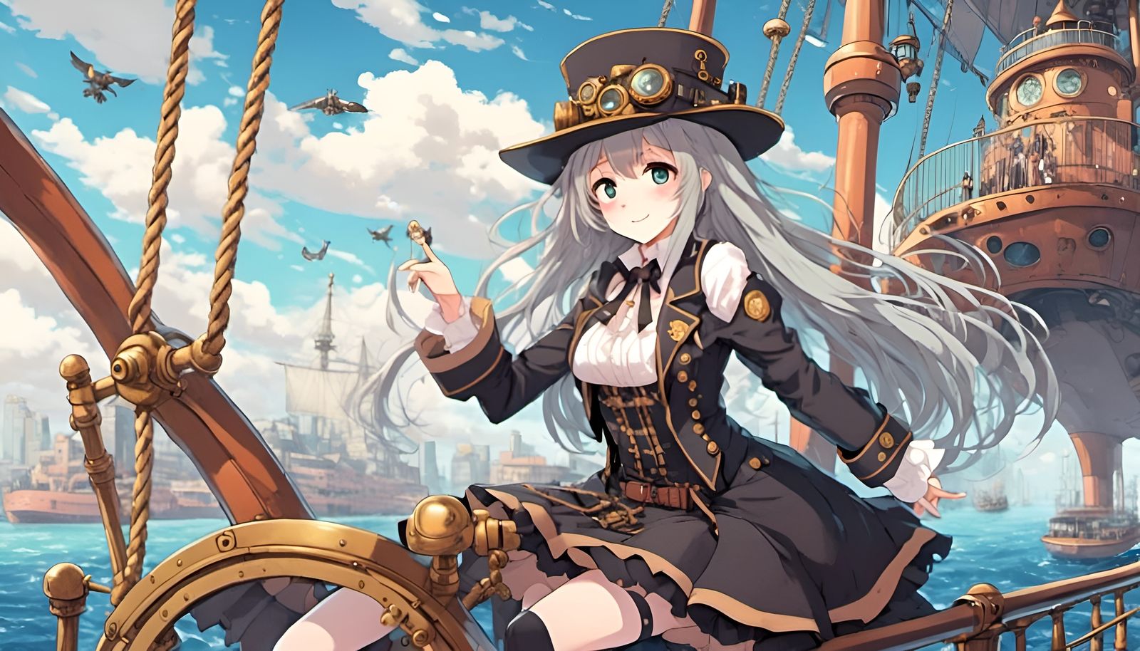 Steampunk anime girl on a ship