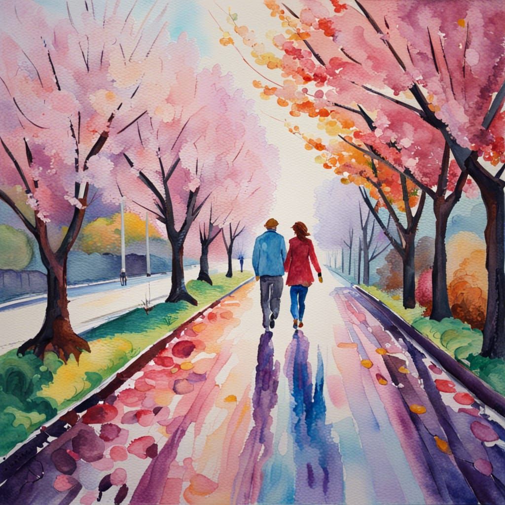 Couple Walking Under Cherry Trees: Expressionist Watercolor