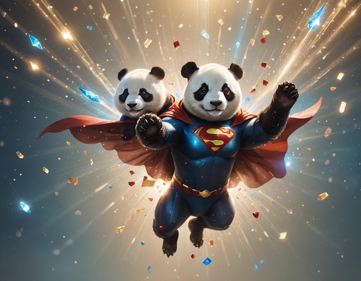 Panda as Superman in Ethereal Crystal Scene