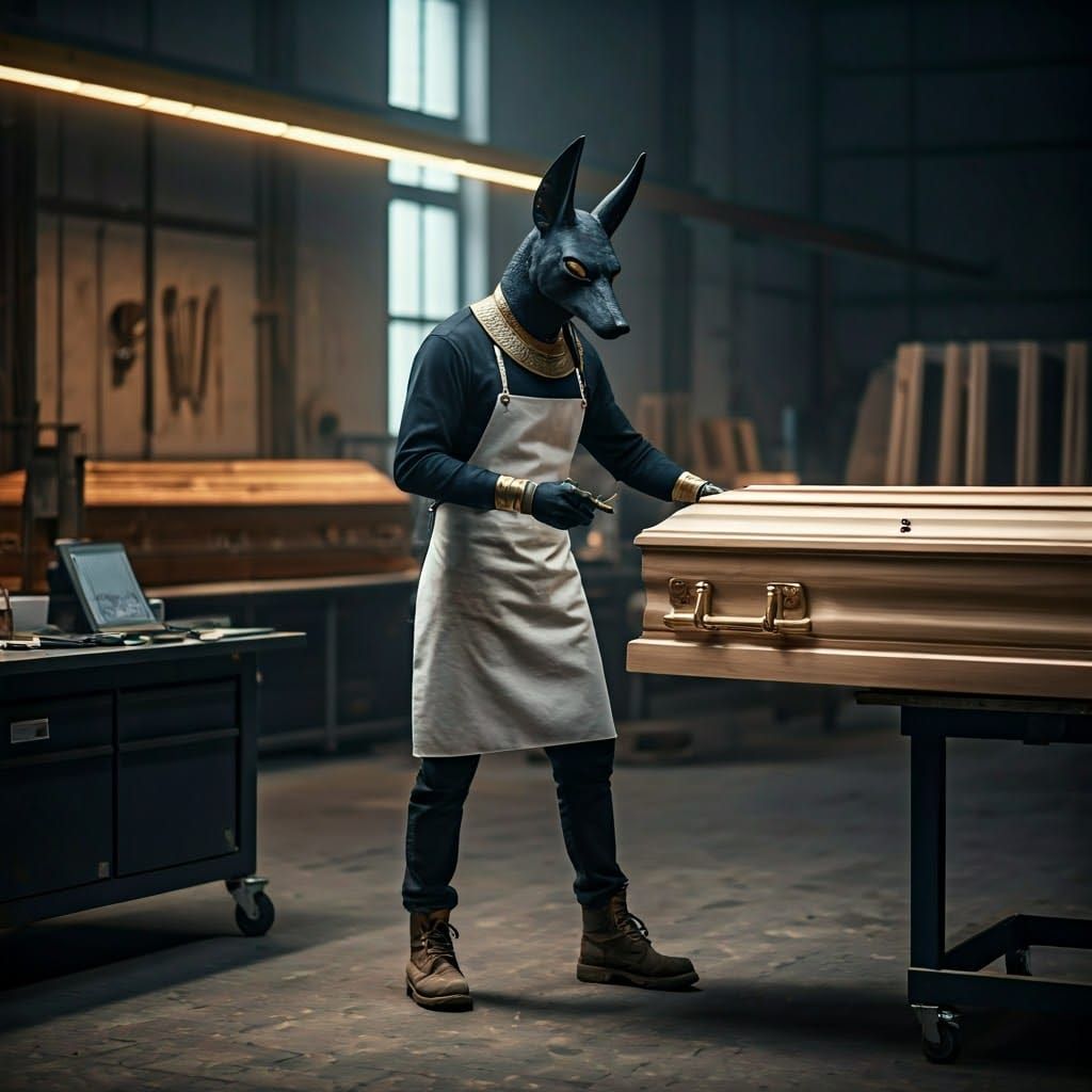 Anubis, the jackal-headed god, is reimagined as a master coffin fabricator.