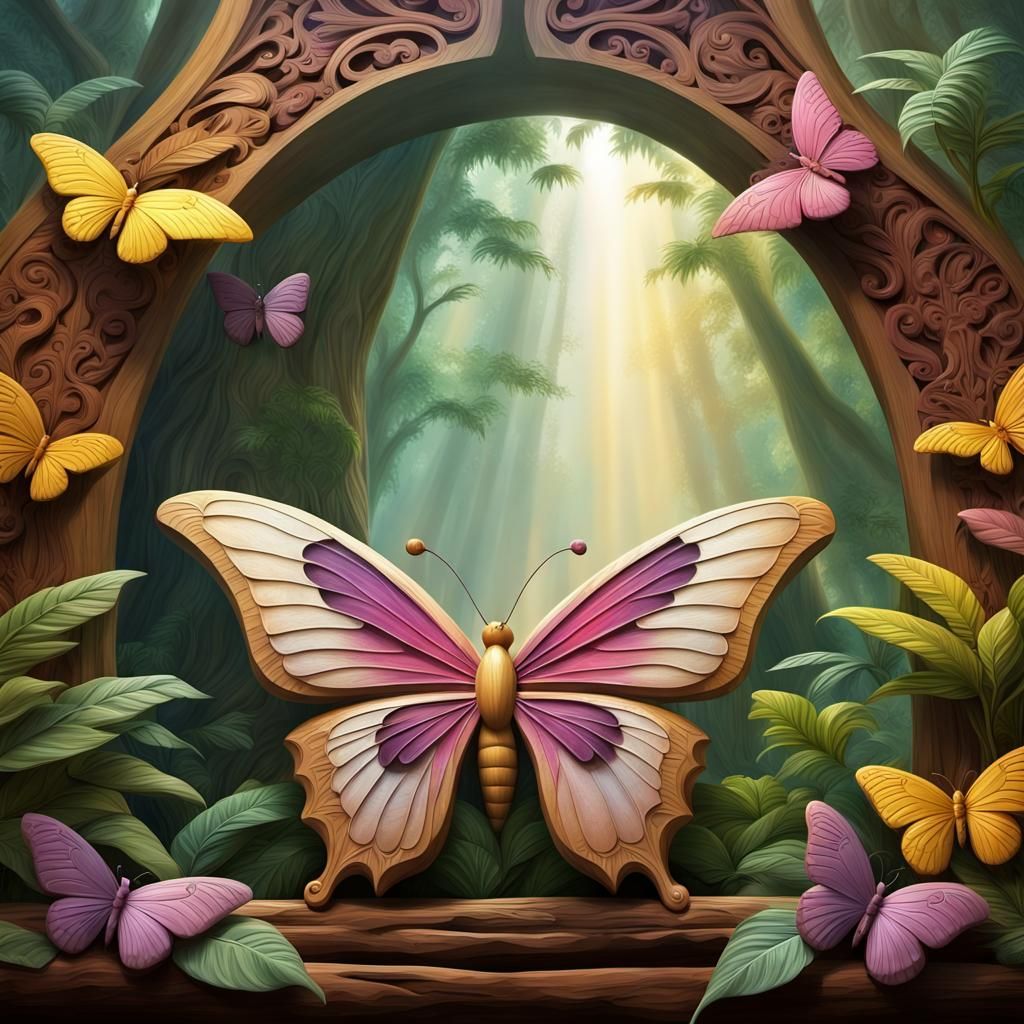 Carved Wooden Butterfly in Rainforest with Sun Rays