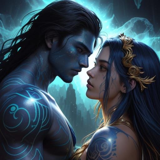 Teen Couple with Glowing Tattoos in Ancient Ruins