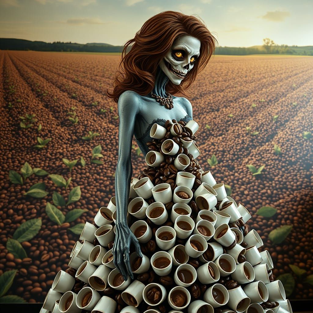 Elegant Zombie in Coffee Cup Gown Surrounded by Coffee Bean ...