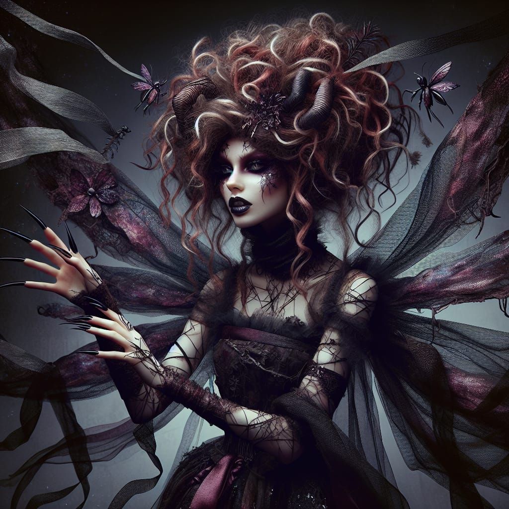 Mysterious Dark Fairy in Glimmering Spider Silk Wings