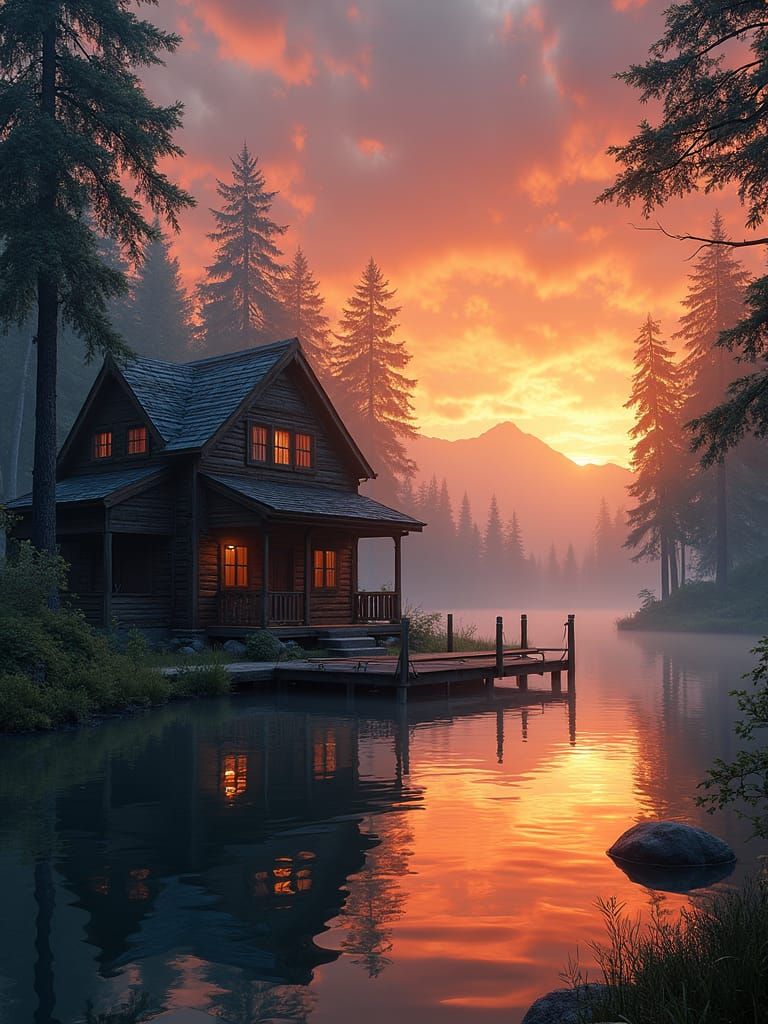 Rustic Cottage by Lake at Sunset: Fantasy Concept Art