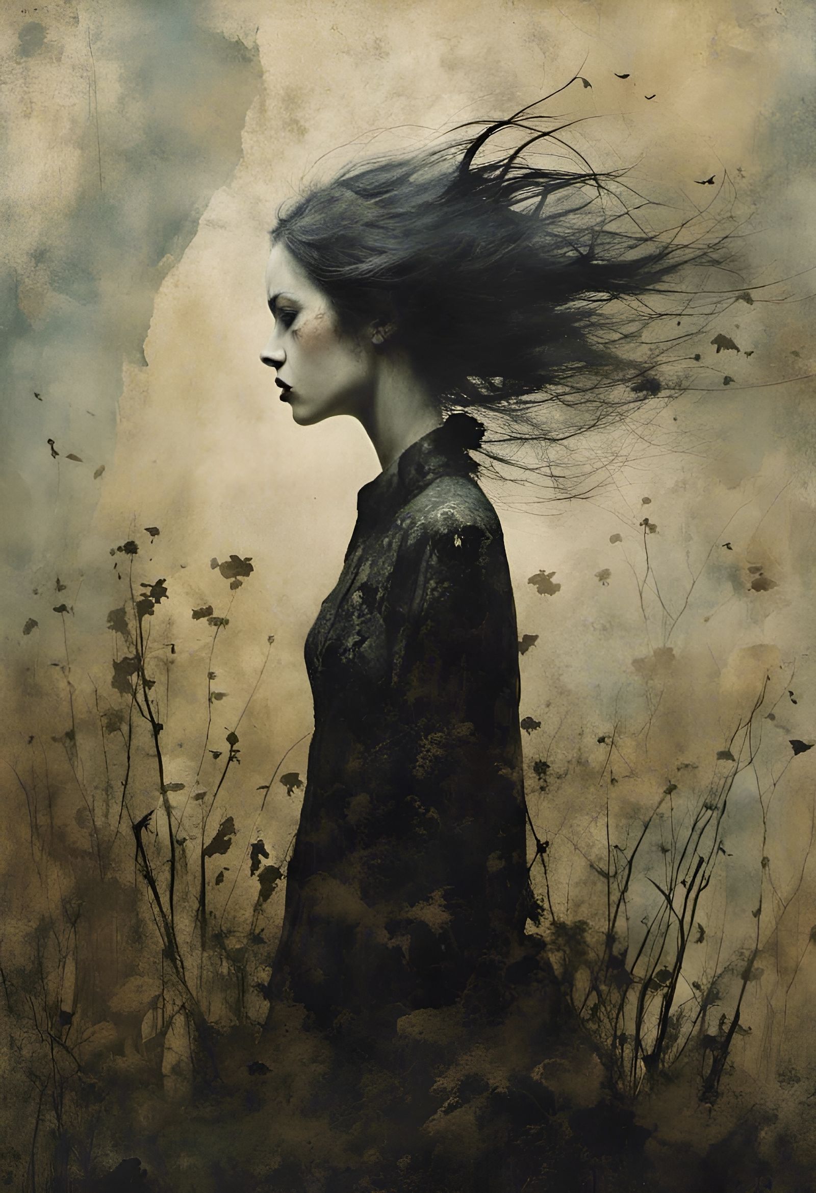 Sad Woman Dissolving into Dust: Mixed-Media Art