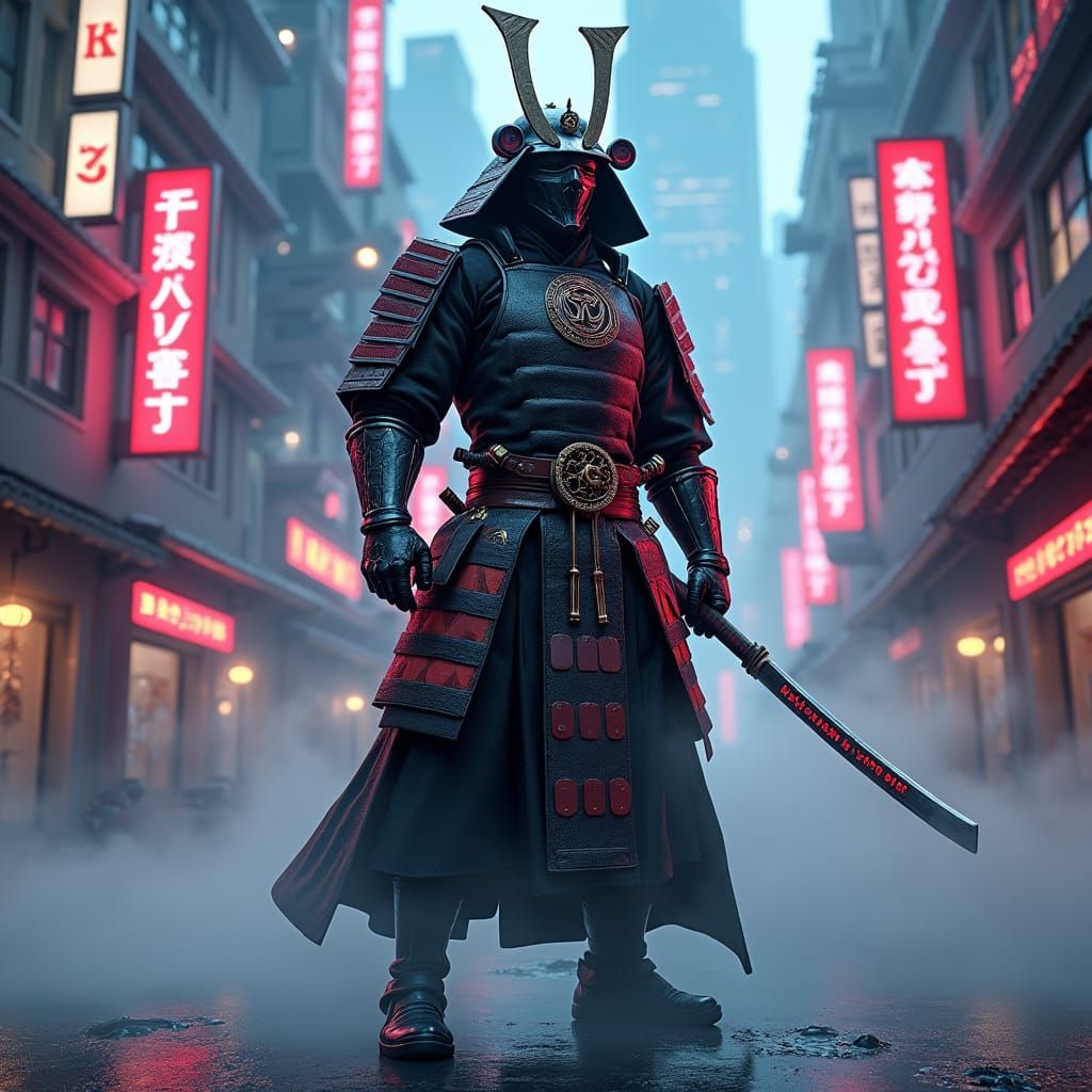 Cyberpunk Samurai in Neon Cityscape
