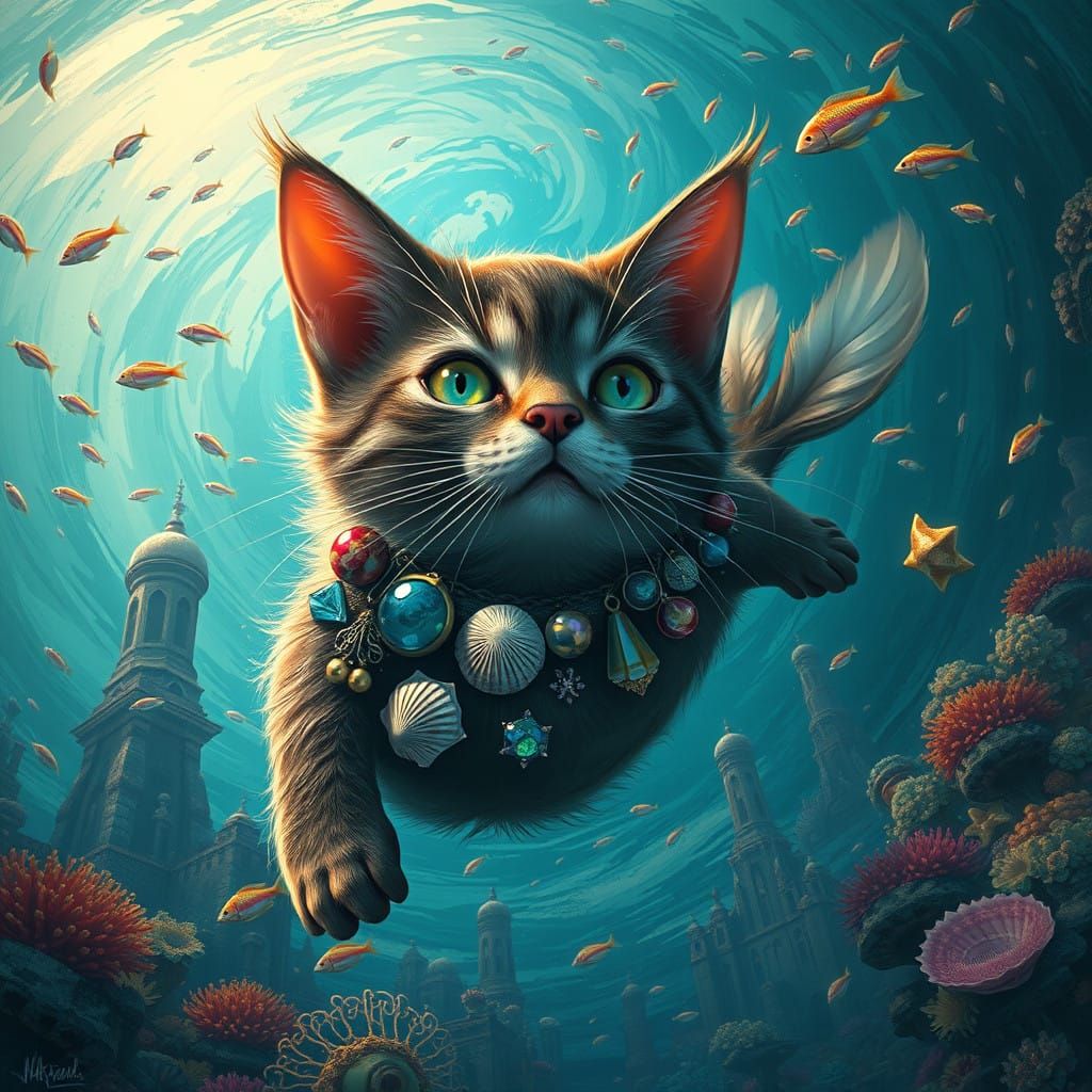 Mermaid Cat Dives through Turquoise Vortex in Ancient City