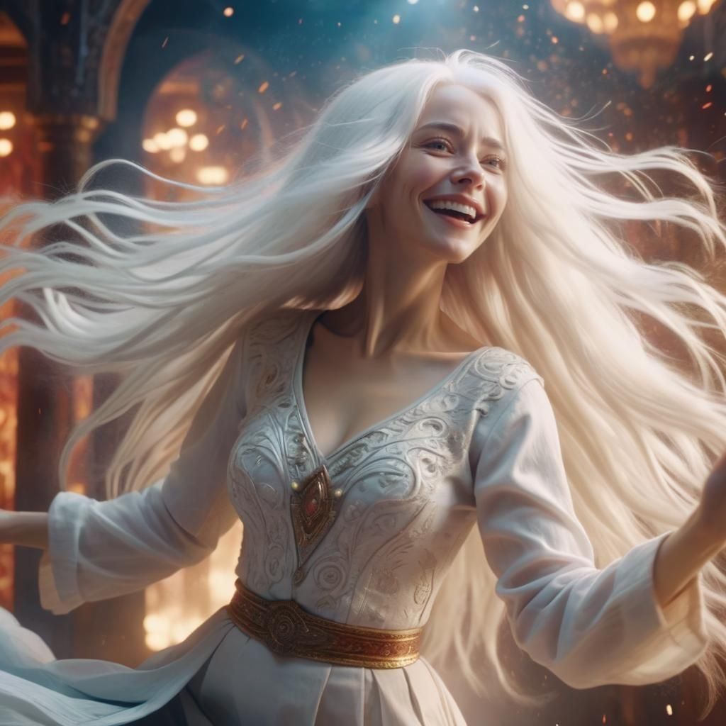 Woman with White Hair Doing a Happy Dance