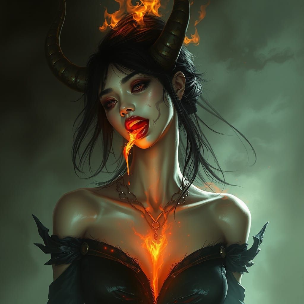 Elegant Asian Demon Levitates with Fiery Breath