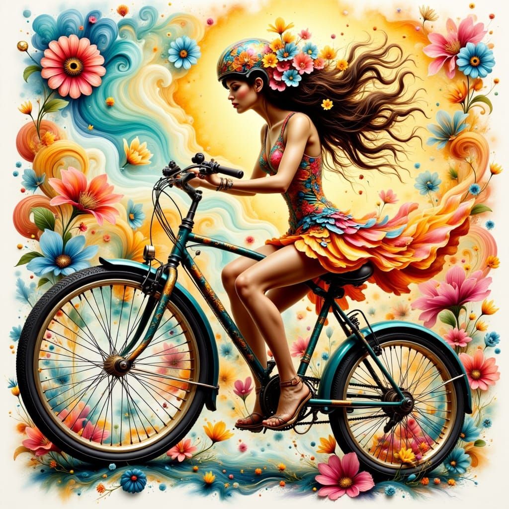 Woman on Bicycle with Flower Helmet, in Hyperkraximalismus S...