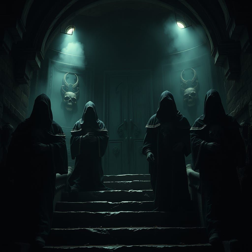 Four Cultists Guard a Mysterious Gate in a Dark, Gothic Dung...