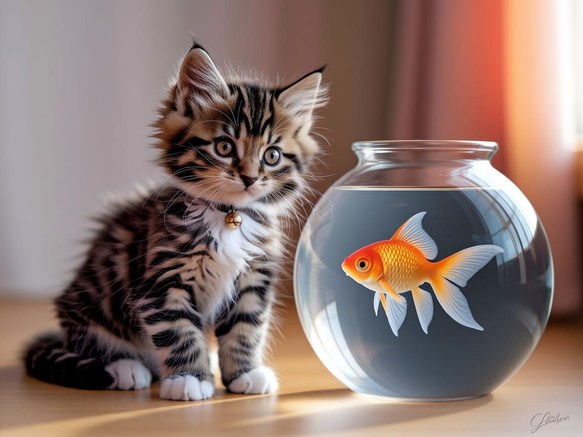 Whimsical Kitten and Goldfish Scene in Soft Pastel Hues
