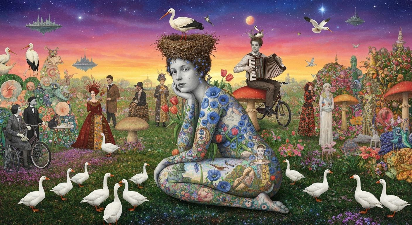 Cosmic Woman with Flowers, Birds, and Celestial Elements