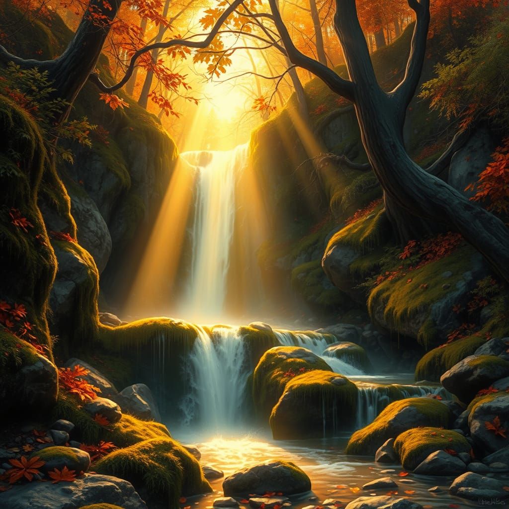 Whimsical Golden Waterfall in Dreamy Autumn Scene