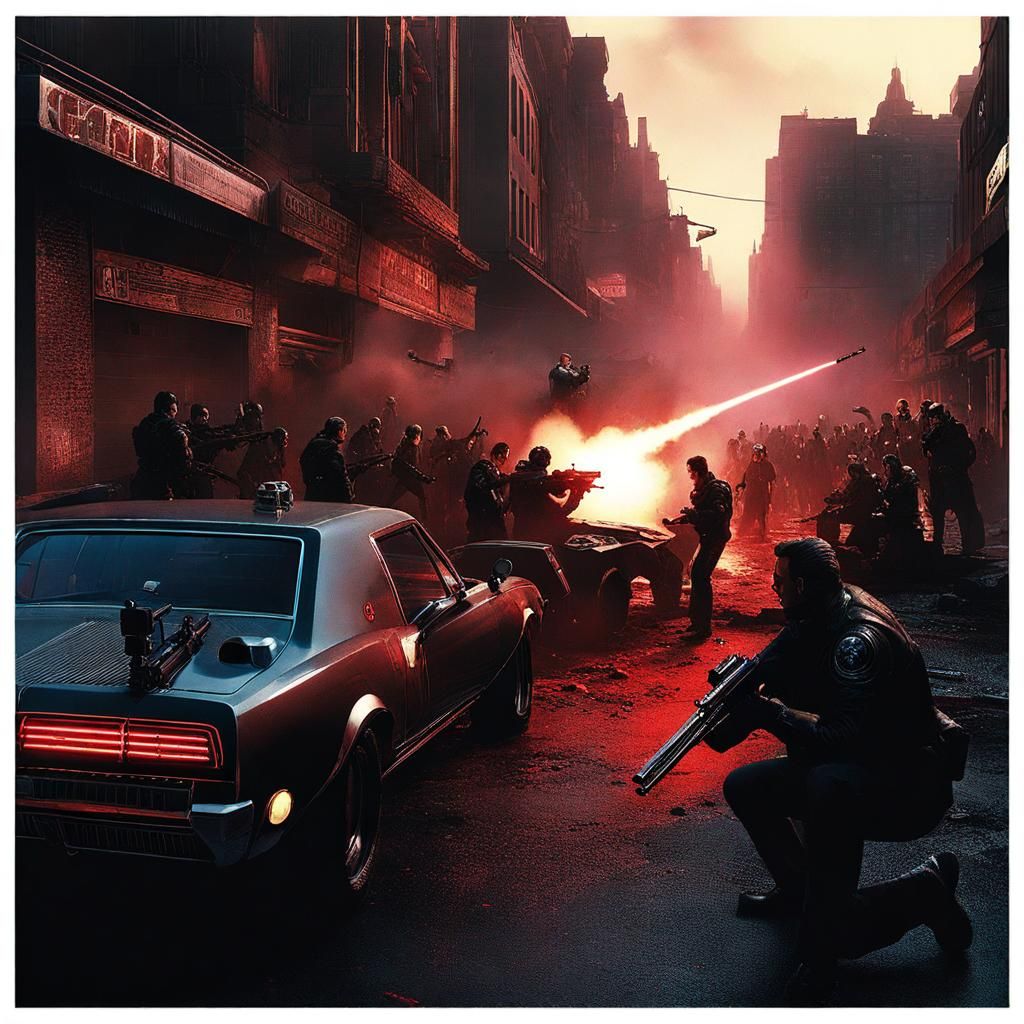 Cyberpunk Gangland Drive-By Shooting from Above