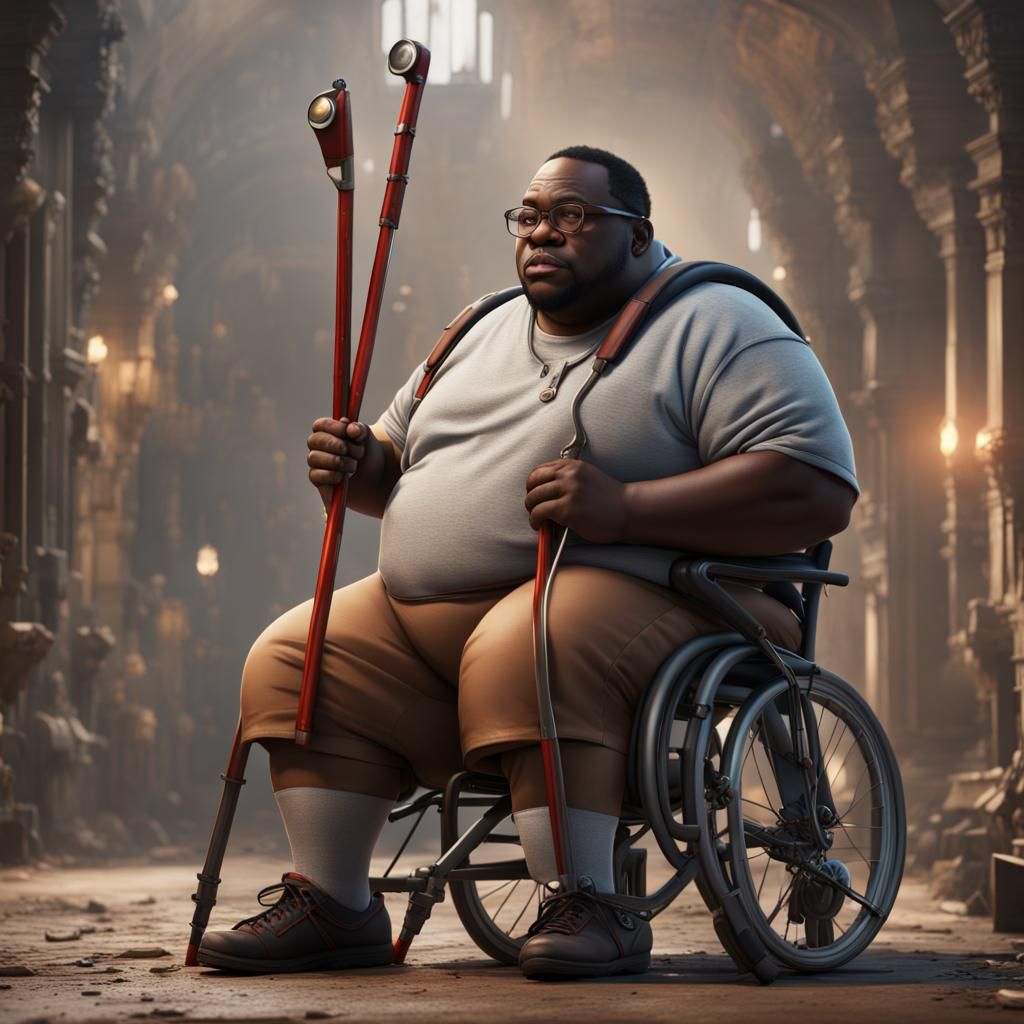 Detailed Matte Painting of Overweight Man with Crutches