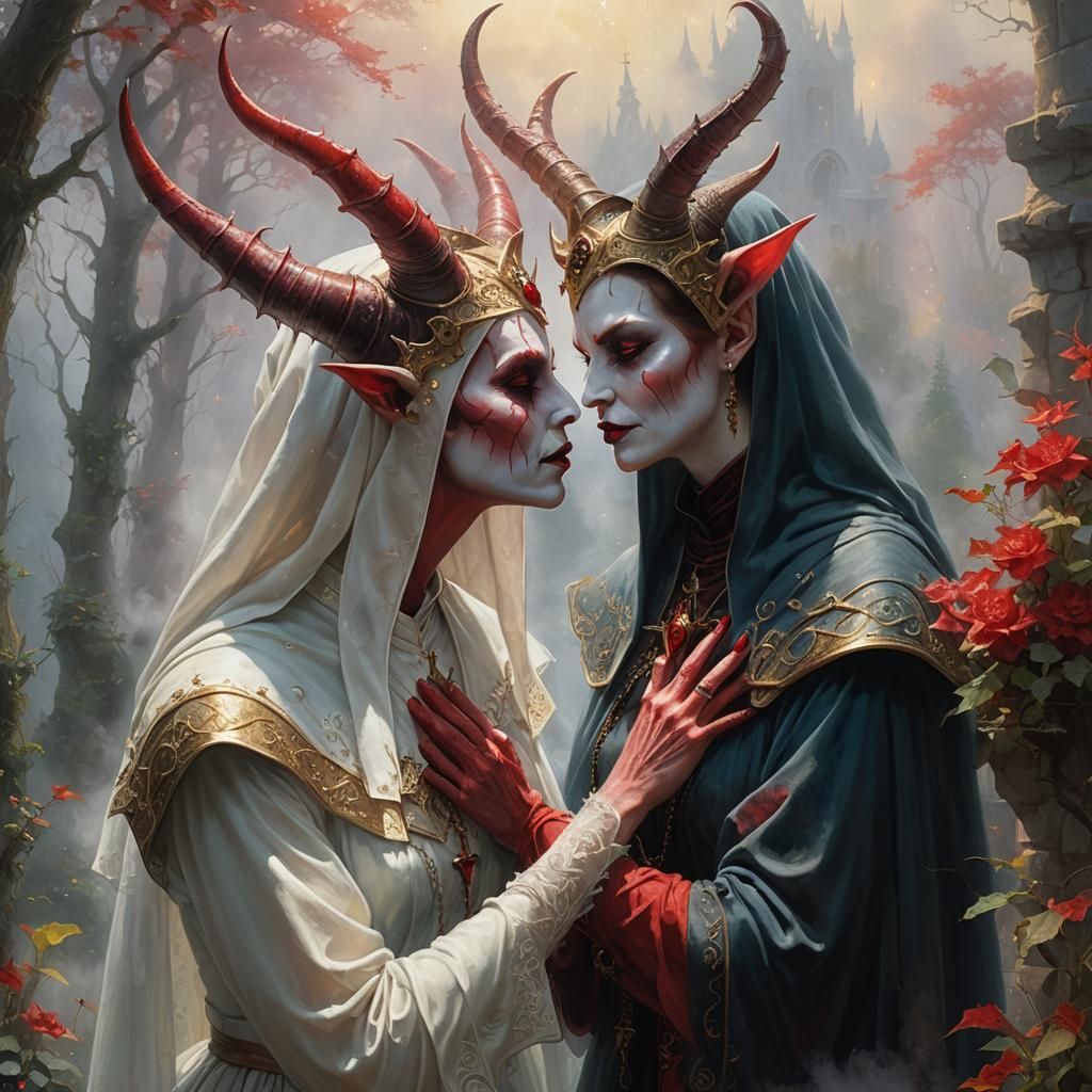 Ethereal Demoness Kissing a Nun in Enchanting Fantasy Scene