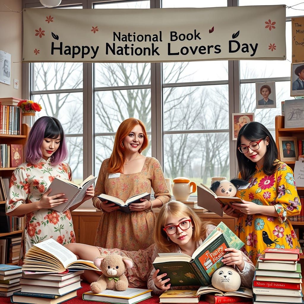 Colorful Haired Women Reading in Cozy Library