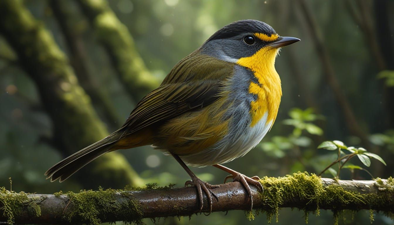 Hyperrealistic Yellow-Breasted Robin on Mossy Branch