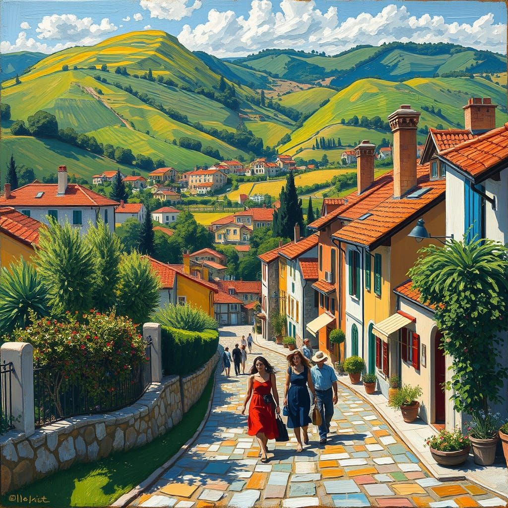 Charming Town Scene in Neo-Impressionist Style