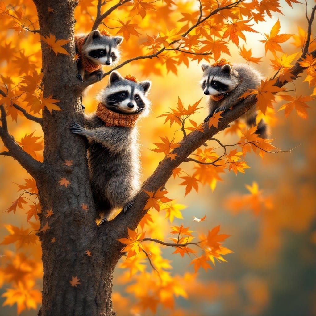 Raccoons in Autumn Tree: Whimsical Detailed Illustration