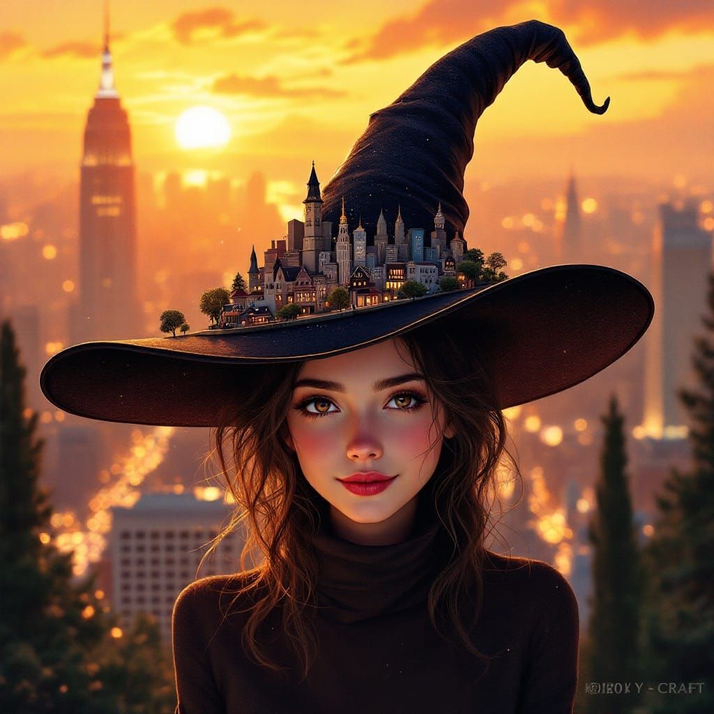 Woman with Cityscape Witch Hat at Sunset