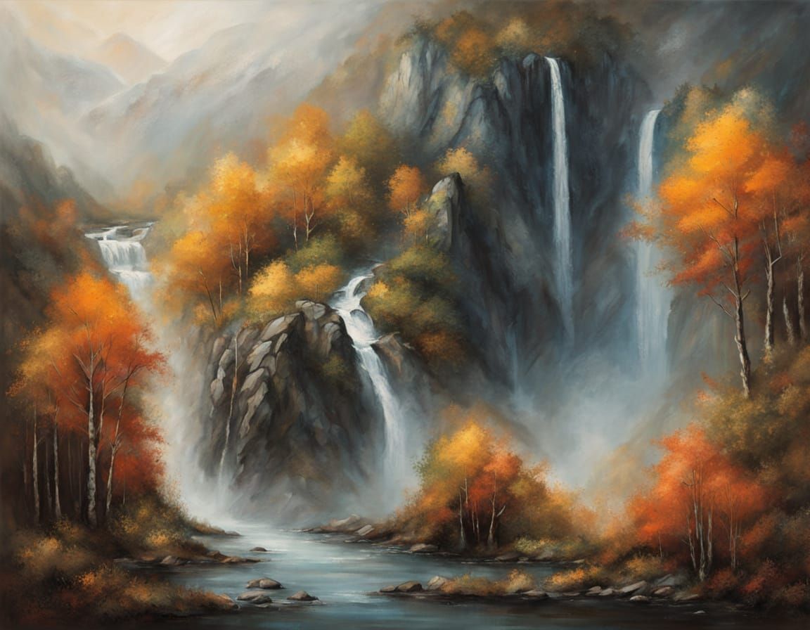 Surreal Mountain Valley with Waterfalls Painting