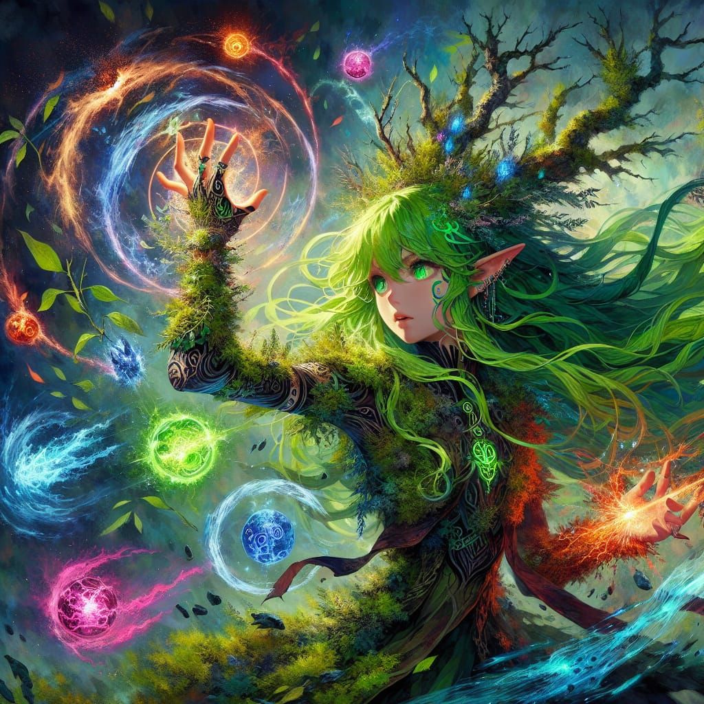 Anime Dryad Elementalist Unleashing Elemental Attacks