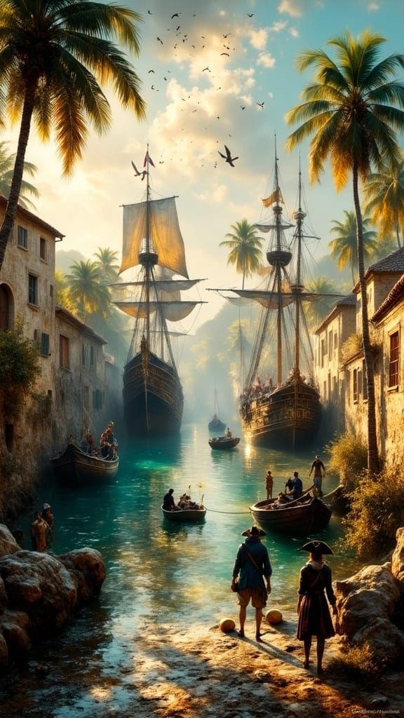 Hyperrealistic Caribbean Port City at Dawn