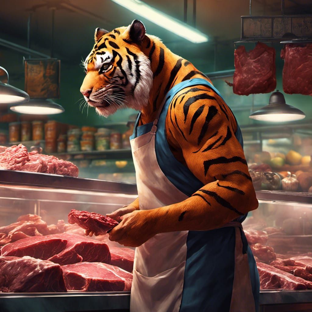Tiger Butcher Inspects Meat Counter, Detailed Matte Painting