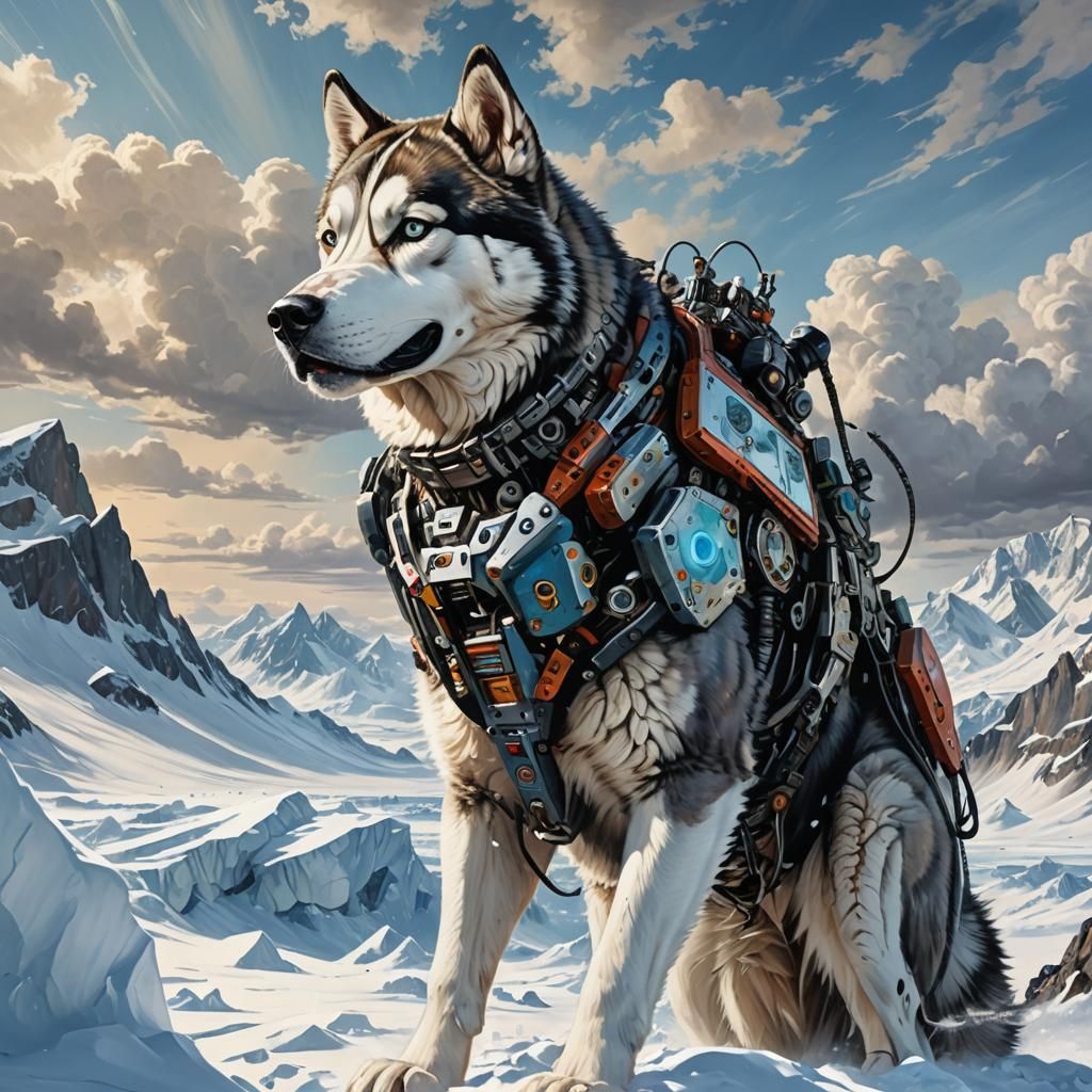 Cyborg Husky in Antarctica: A Pulp Art Painting