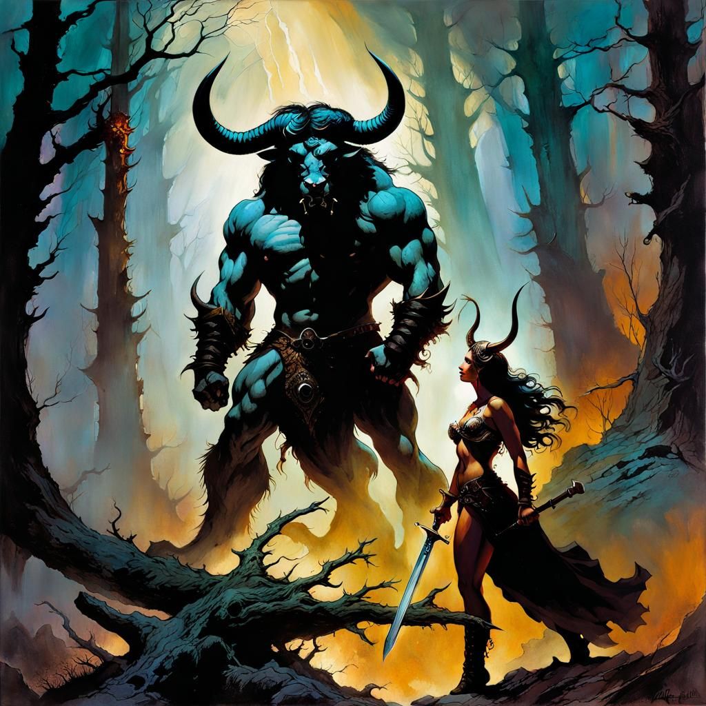 Minotaur and Warrior in Dystopian Landscape