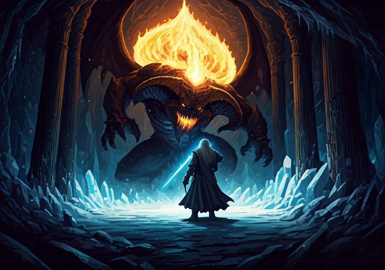 Gandalf Confronts Balrog in Moria: Dark Fantasy Art
