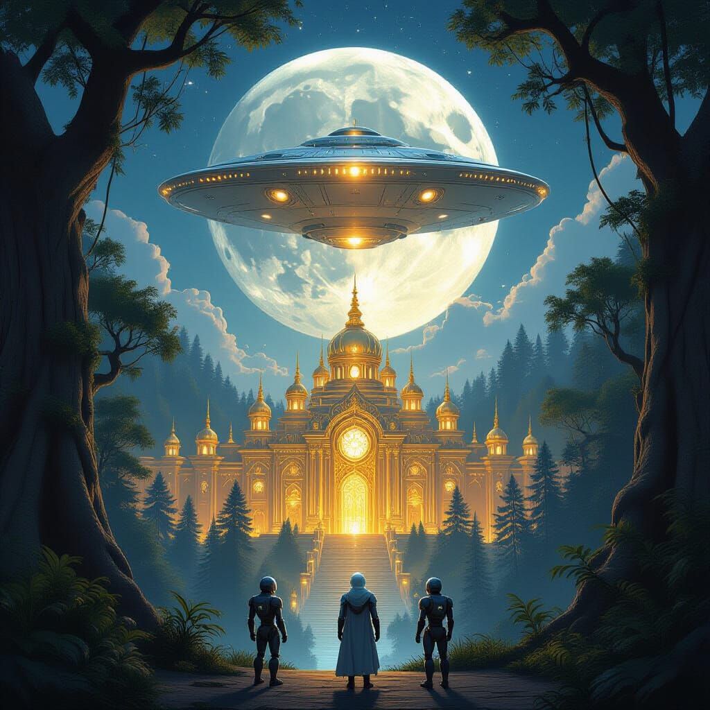 Luminous Golden Palace Under Moonlit Sky